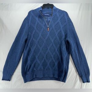 Tommy Bahama Men's Large Blue Cotton Quarter Zip Sweater Diamond Cable Knit